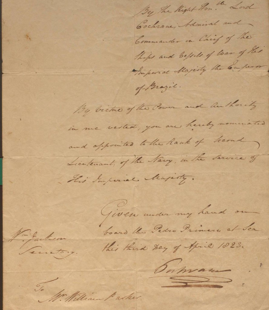 Cochrane appoints Parker to the rank of Second Lieutenant in the Imperial Brazilian Navy, 3 April 1823