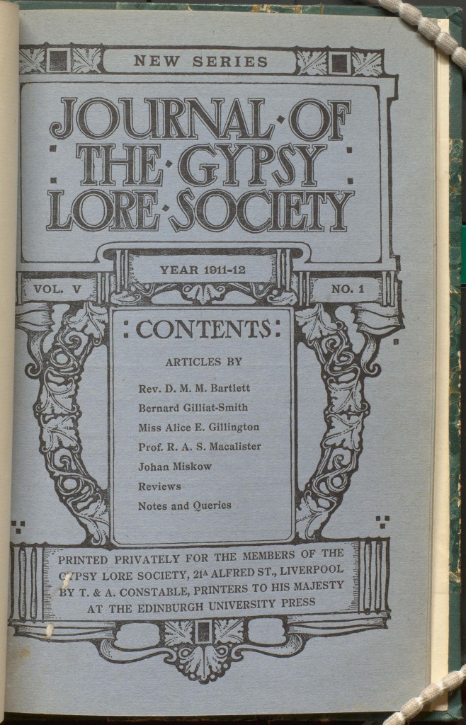 A cover of the Journal of the Gypsy Lore Society with Alice Gillington as contributor. SPEC Scott Macfie J.1.11
